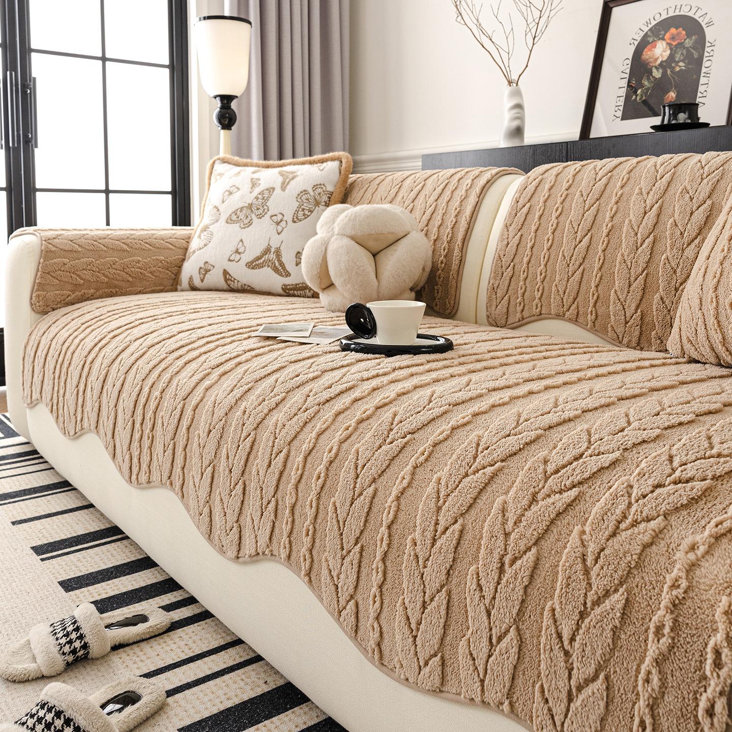 

Retro Cotton Velvet Sofa Cushion Thickened in Winter New High-end Feeling Fixed Anti Slip Straight Row Cushion Cover Cloth Towel 70X70cm