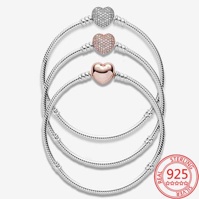 Autentico braccialetto in argento sterling S925 con motivo a stella scintillante, chiusura a forma di cuore rotondo, pavé, regalo per ragazza