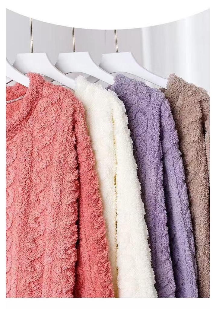 Women's Jacquard Coral Fleece Bathrobe - Thick, Long Sleeve, Plus Size Pajamas for Autumn/Winter.