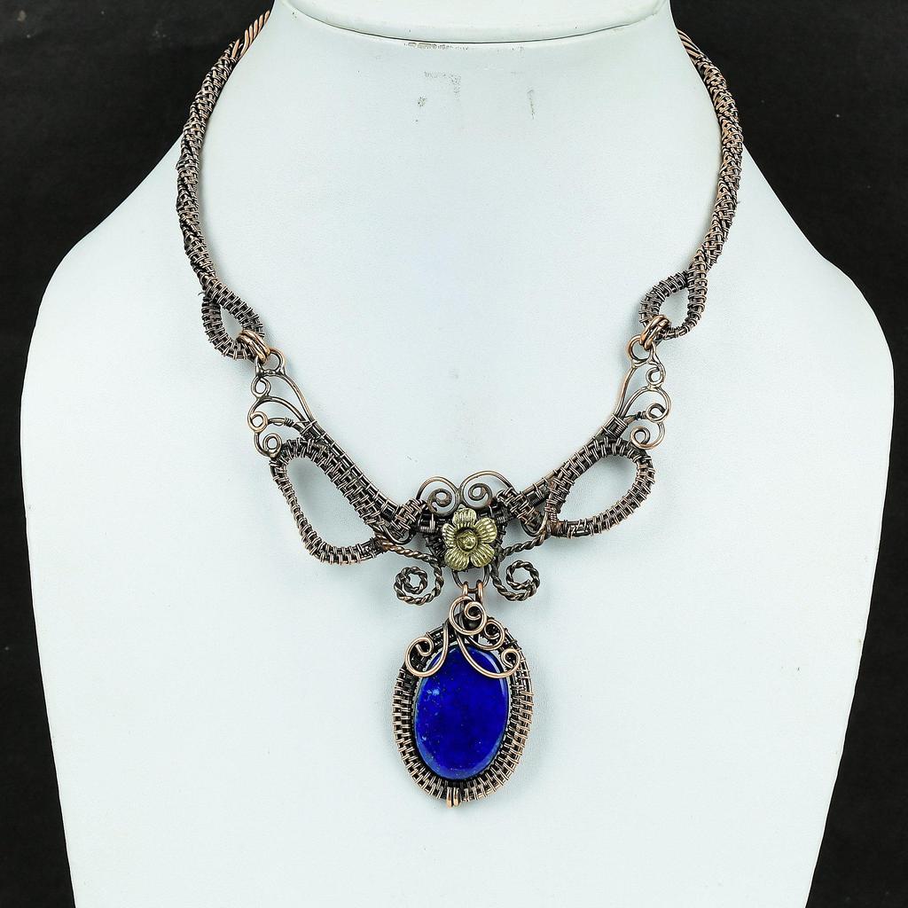 Lapis Lazuli Necklace Handmade Jewelry, 999 Copper Wire Wrapped Necklace Designer Gemstone Jewelry Adjustable Chain Necklace Gift For Mom