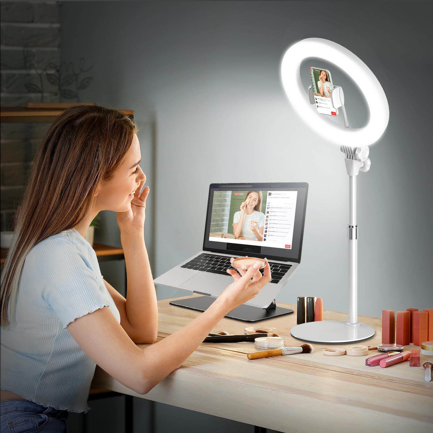 

Ring Light with Tabletop Adjustable 3 Color 10 Dimming 1500 USB for Video and Stand, Height, Modes, Levels, Lumens, Powered, Zoom, Conferencing,