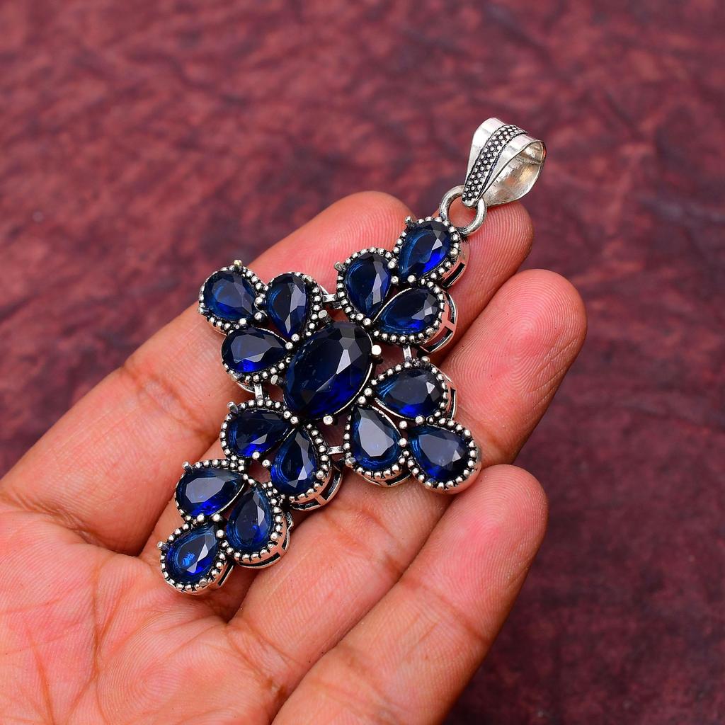 Blue Sapphire Gemstone Cross Shape Pendant : 925 Sterling Silver Handmade Jewelry Pendant