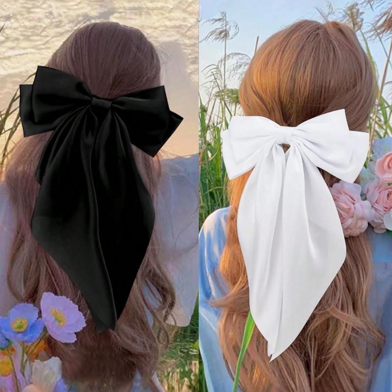 4Pcs Hair Bows Clips For Women, Black Bow White Bow Pink Bows Bow Hair Clips For Women Ribbons Bow Barrettes Satin Hair Bows Long Tail Clips