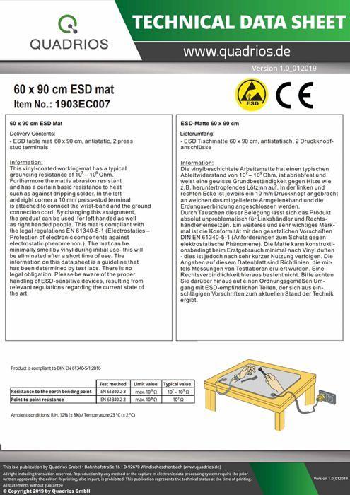Protection de la zone de travail - protection esd Quadrios Tapis de table antistatique (ESD) gris (L x l) 600 mm x 900 mm