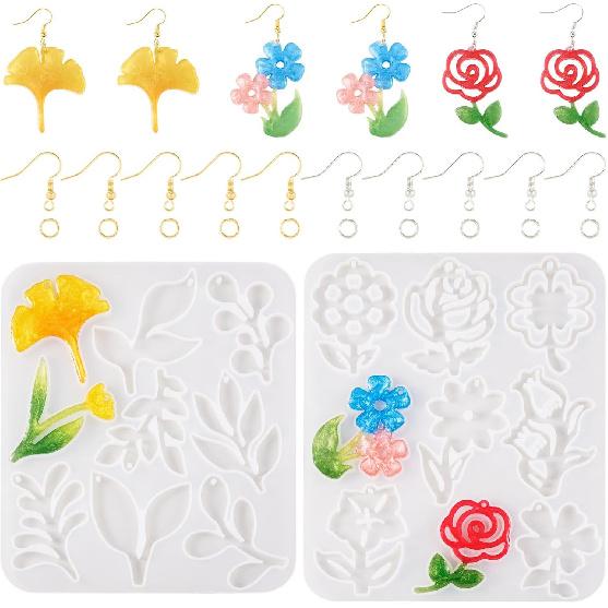 Elecrelive 2 Sets Flower Silicone Pendant Molds with Ear Wires Resin Jewelry Casting Molds for UV Resin Stud Dangle Earring Necklace Keychain Making