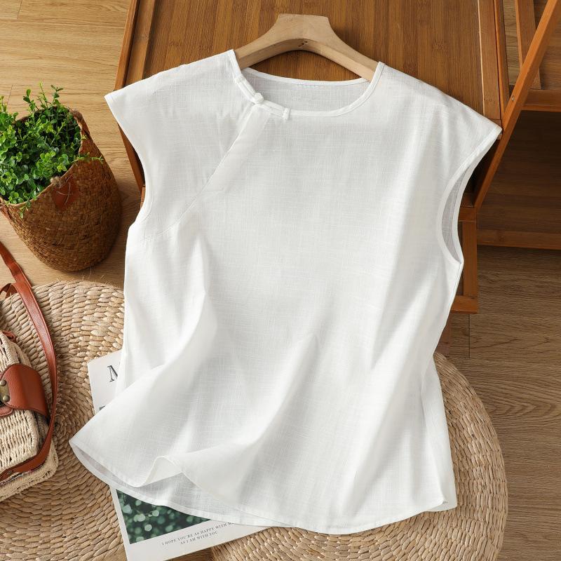 

Summer Retro Shirt Women s Chinese Style Slanted Collar O Neck Pearl Button Vest Temperament Pullover Top Women M белый