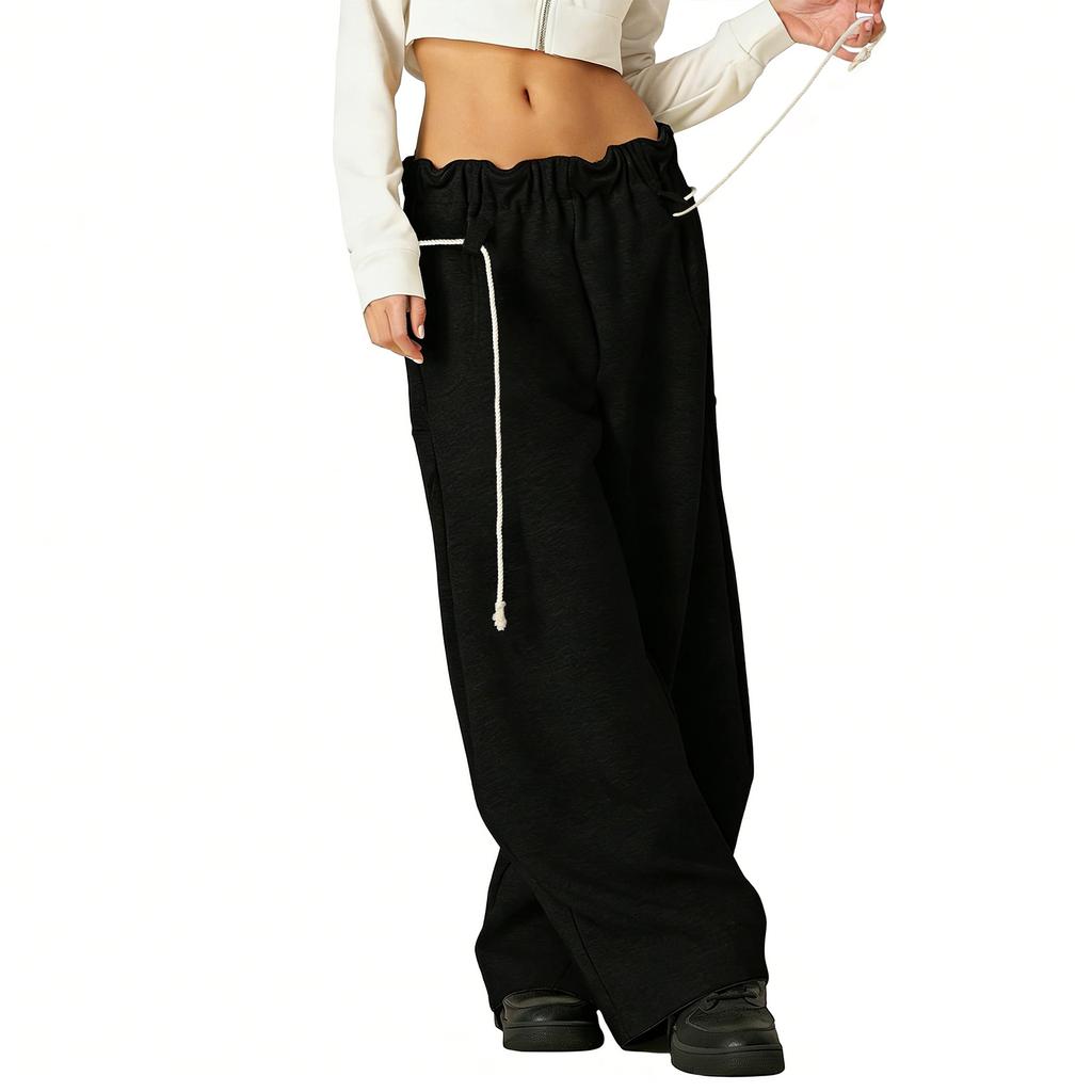 Women's Vintage Drawstring Sweatpants With Heart Embroidery Wide-Leg Curved-Hem Pants Loose-Fit Casual Sweatpants Long Pants