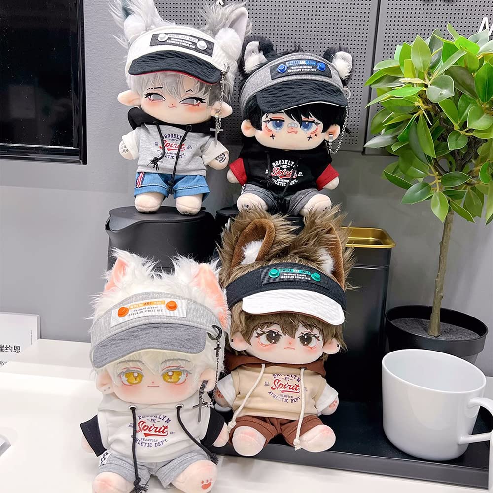 niannyyhouse 20cm Plush Doll with Loose Clothes, Empty Top Hat, Color Block Hoodie, Shorts, Ear Clip Accessories, Cotton Doll, Dress-Up (Grey)