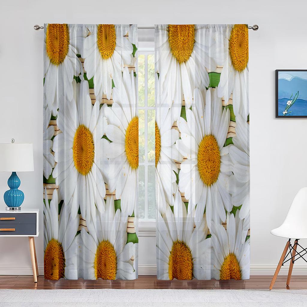 Weiße Blumen Kamille Chrysantheme Tüll Vorhänge für Schlafzimmer Wohnzimmer Küche Dekor Chiffon Sheer Voile Vorhang Fenster