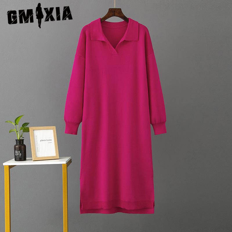 GMXIA Women's Autumn Winter Knitted Loose Large Solid Color Polo Collar Dresses with Lining