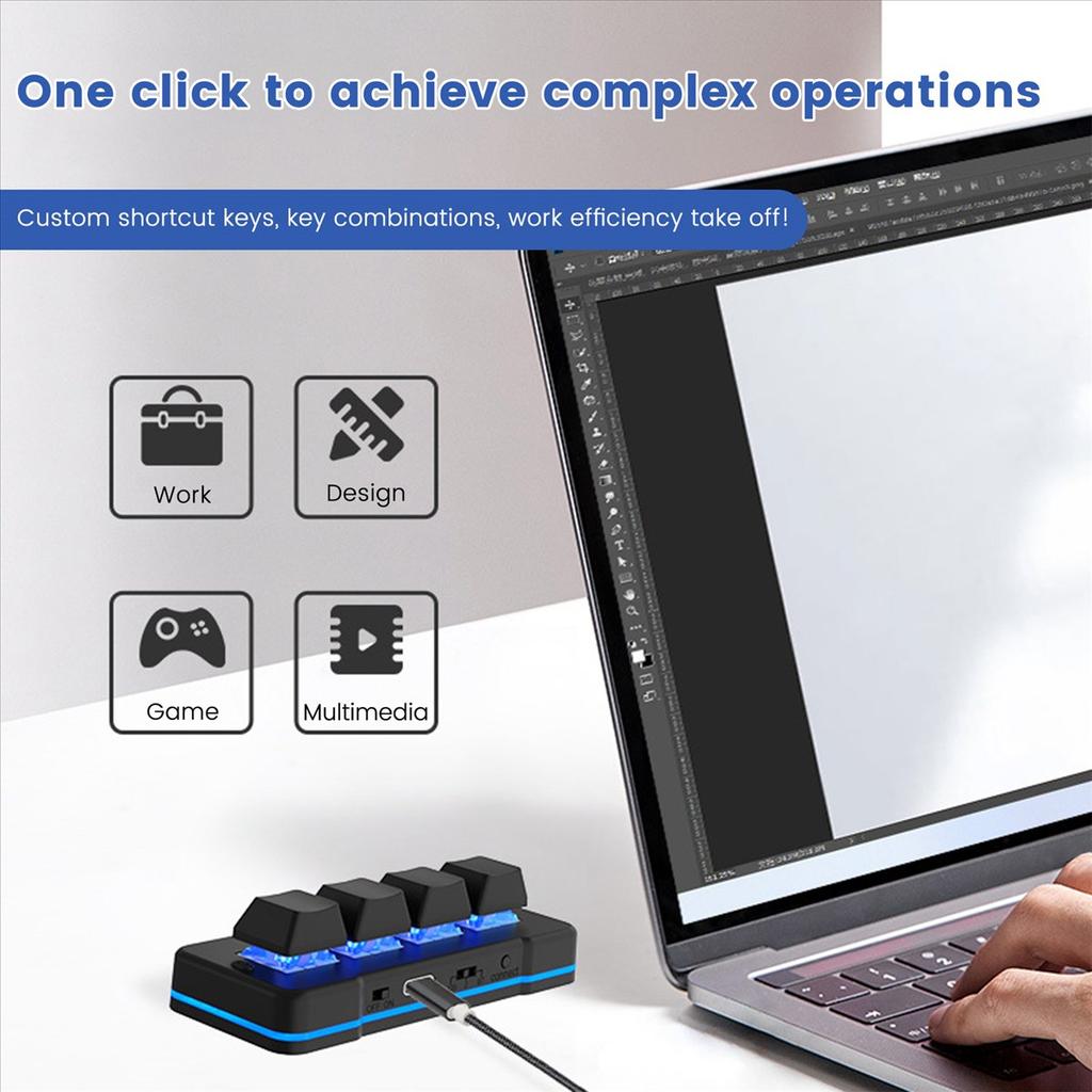 MK424BT 4-Key Mini Customized Keyboard with Mechanical Blue Switch Bluetooth+Usb Connection for Office Game Multimedia A