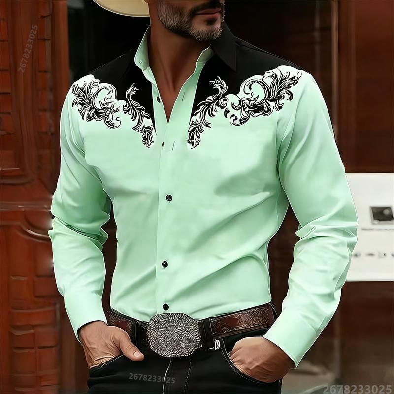 Camisa de Manga Larga para Hombre Estilo Vaquero Occidental Estampado de Bloques de Color Blanco y Negro, Top Casual de Moda Retro, Tejido de Alta Calidad