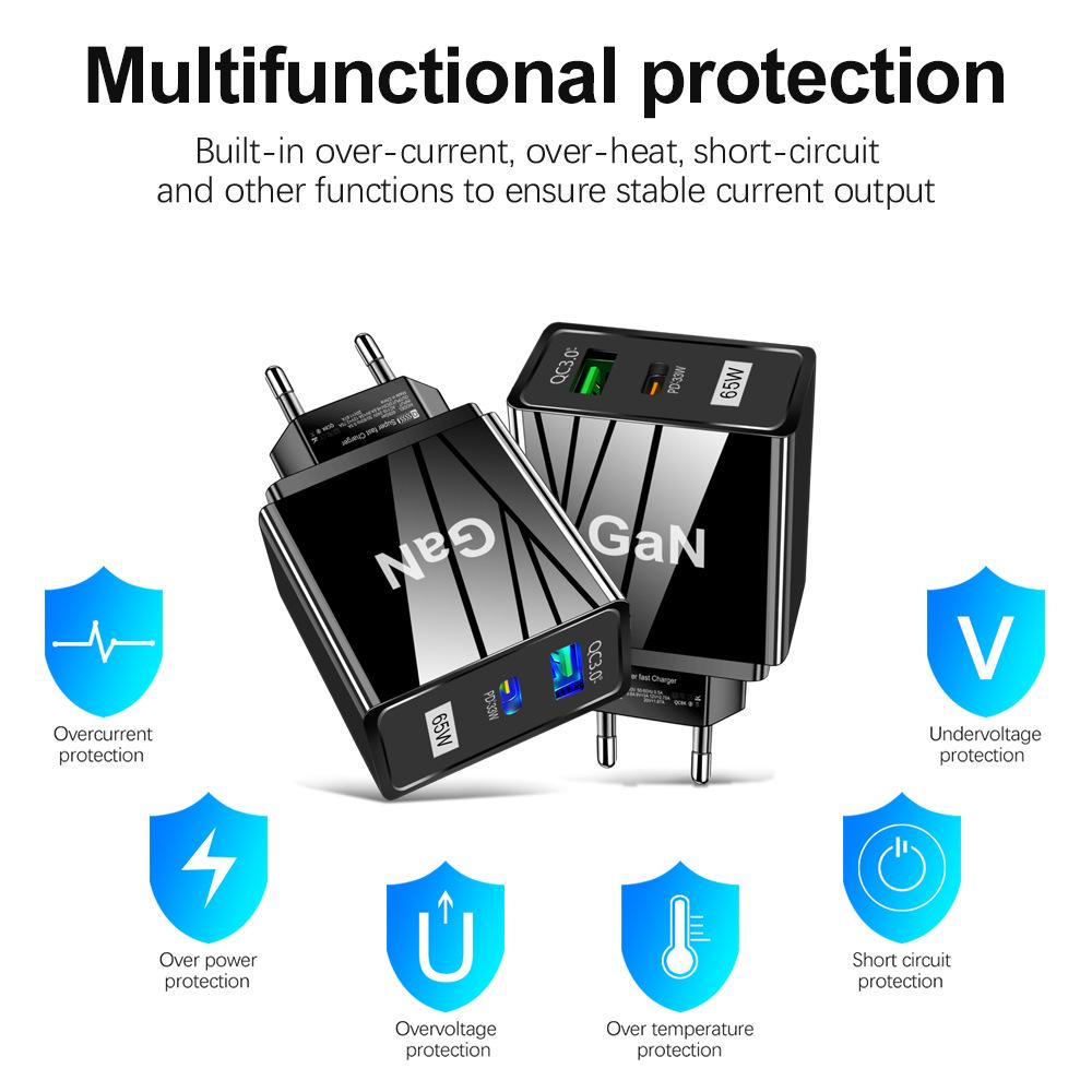 33W GaN USB Fast Charger with QC 3.0 & PD for Mobile Phones - US/EU/UK