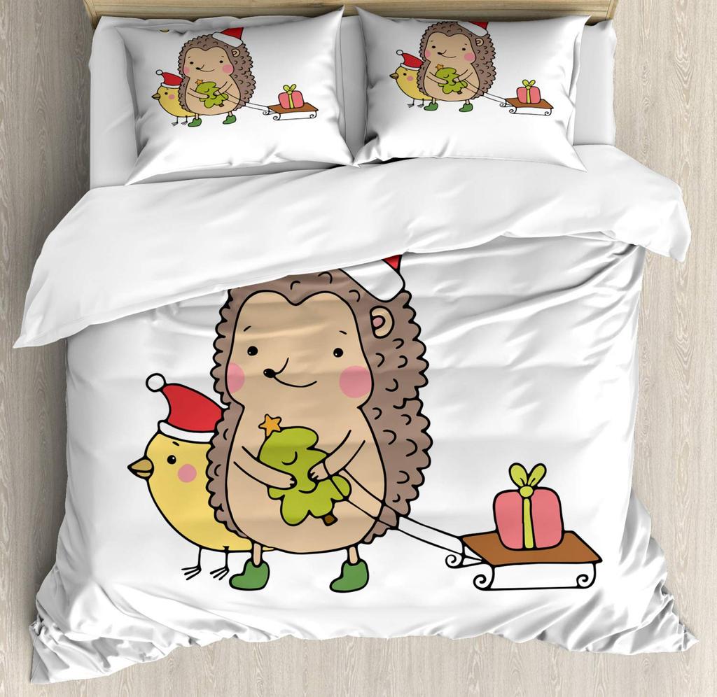 Kawaii Hedgehog Duvet Cover Set Green Cactus Plant Comforter Cover Boys Girls Adults Teens Cartoon Mushroom Bedding Sets 2/3 Pcs