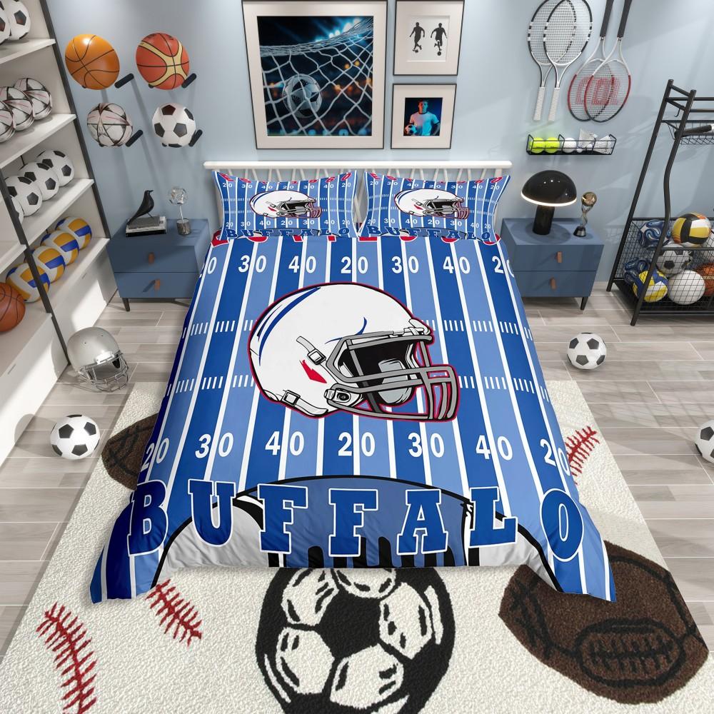 Homewish Cartoon Eishockey Bettbezug Set für Jungen, Eat Sleep Bettwäsche Set, Marinegrau Sporthelm Wendebettwäsche