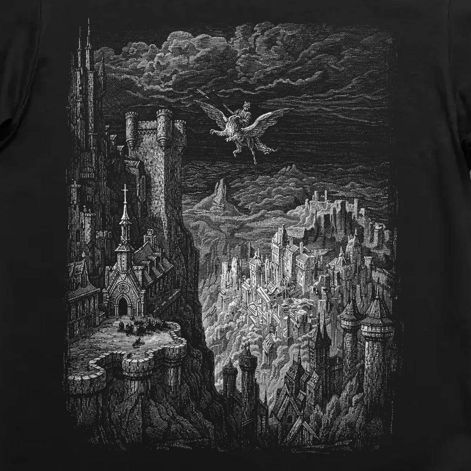 Astolfo Hippogriff T-Shirt – Gustave Doré Medieval Fantasy Engraving Tee 2XL