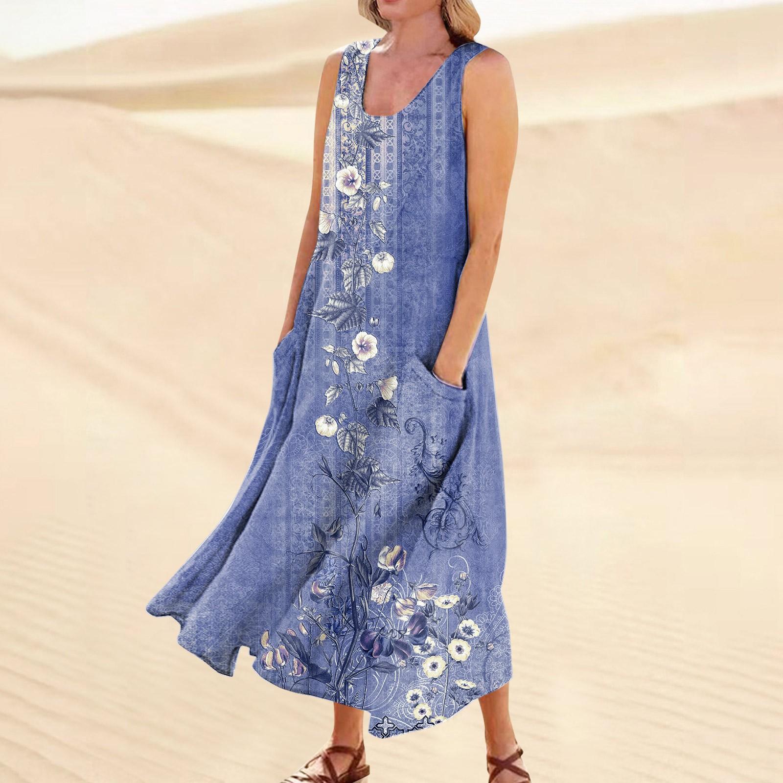 

Women s Sleeveless Floral Print Maxi Dress Casual Summer Bohemian Long Dress with Pockets Grey XXXL фиолетовый