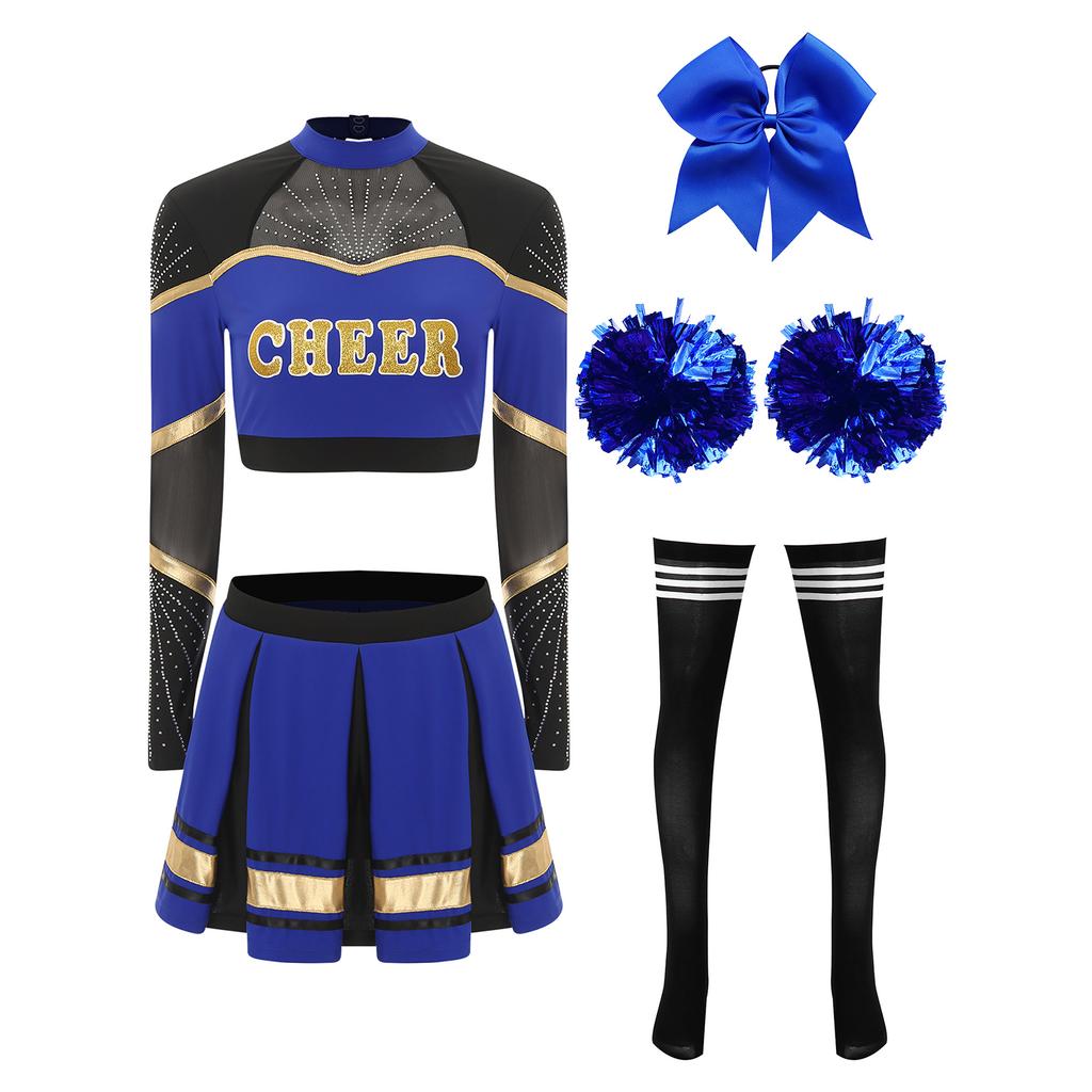 Damen Cheerleading Performance Tanz Outfit Langarm Stehkragen Strass Crop Top Faltenrock Haargummi Set