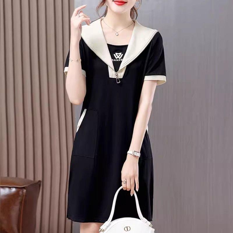 Summer Sailor Collar Midi Dress Zipper Short Sleeve Women's Clothing Casual Pockets Patchwork Basic Solid Color A-Line Dresses