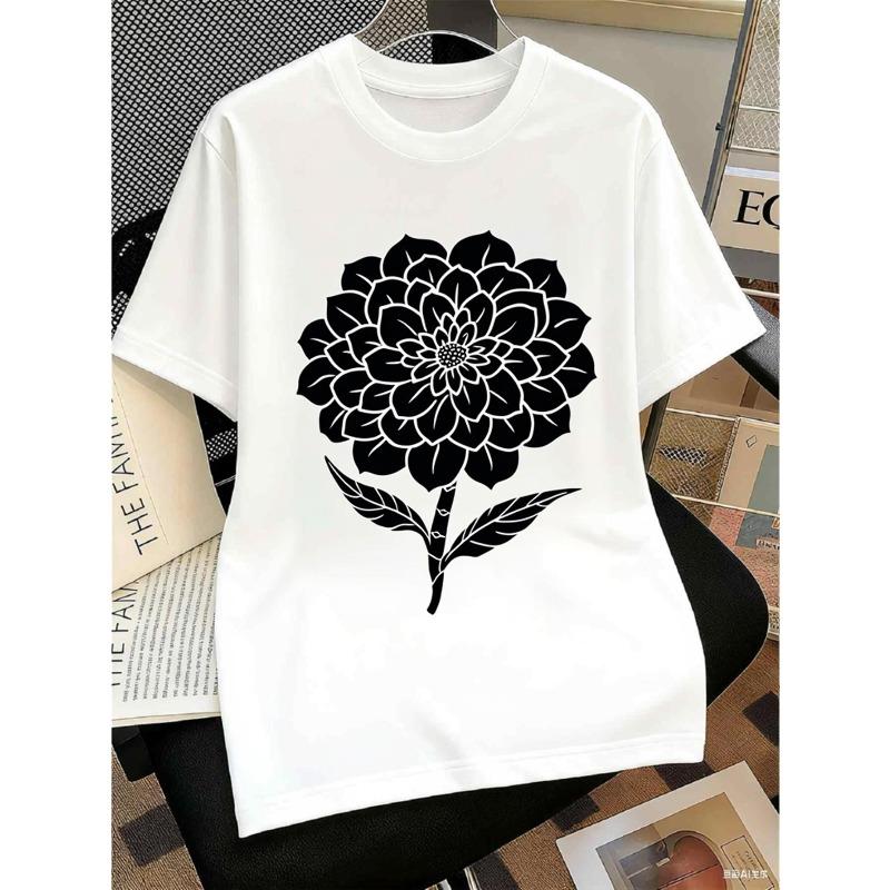 

Women s & Unisex Oversized White T-Shirt with Black Dahlia Flower Print - Soft Short Sleeve Crew Neck Casual Summer Top, Loose Fit Gothic Blouse 4XL білий