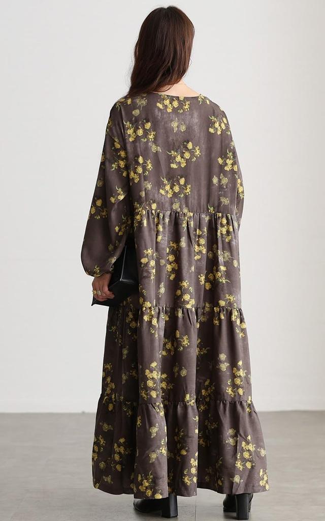 Gold Japan Plus Size Maxi Floral Round Sizes Women's Dress, Print, Tiered, Flared, Neck, Pockets, Fall/Winter/Spring, Maru-30208, Gray, 4L-5L
