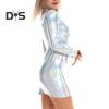 Women Dress Smooth Faux Leather Slim Fit Sheath Solid Color Glossy Skinny Elastic Long Sleeve Half High Collar Above Knee Nightclub Party Mini Dress
