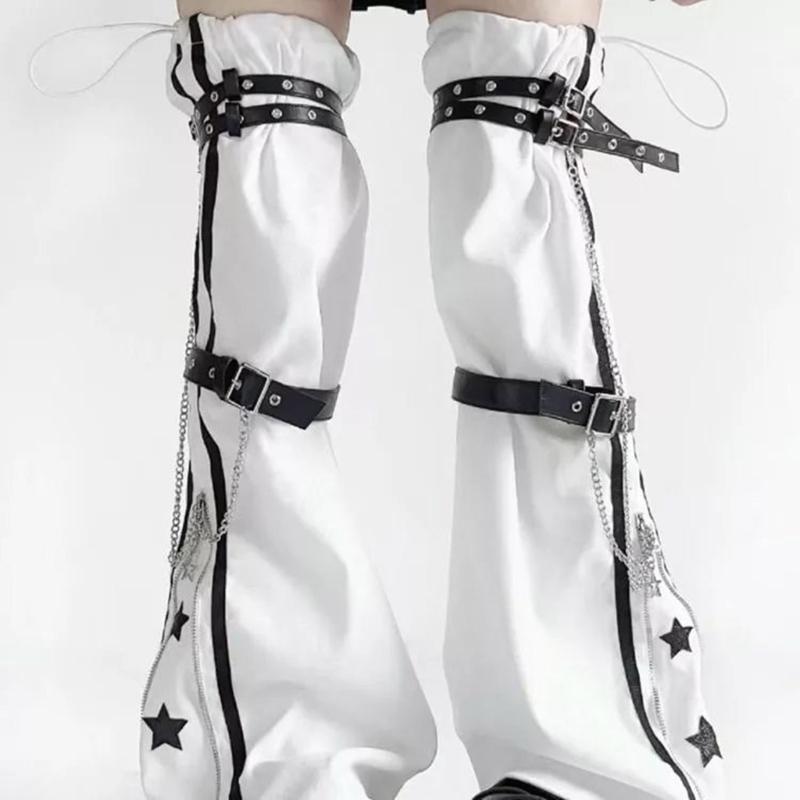 Damen Harajuku Sternenprint Reißverschluss Ausgestellter Beinwärmer Ästhetische Mode Punk PU Geschirrriemen Beinabdeckung Oberschenkelhohe Socken