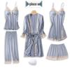 Women's Sexy Spring & Autumn Silk Pajamas 5-Piece Set: Thin Summer Ice Silk Nightdress & Robe with Chest Pad.