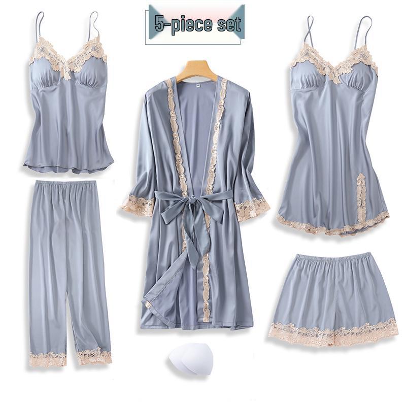 Women's Sexy Spring & Autumn Silk Pajamas 5-Piece Set: Thin Summer Ice Silk Nightdress & Robe with Chest Pad.