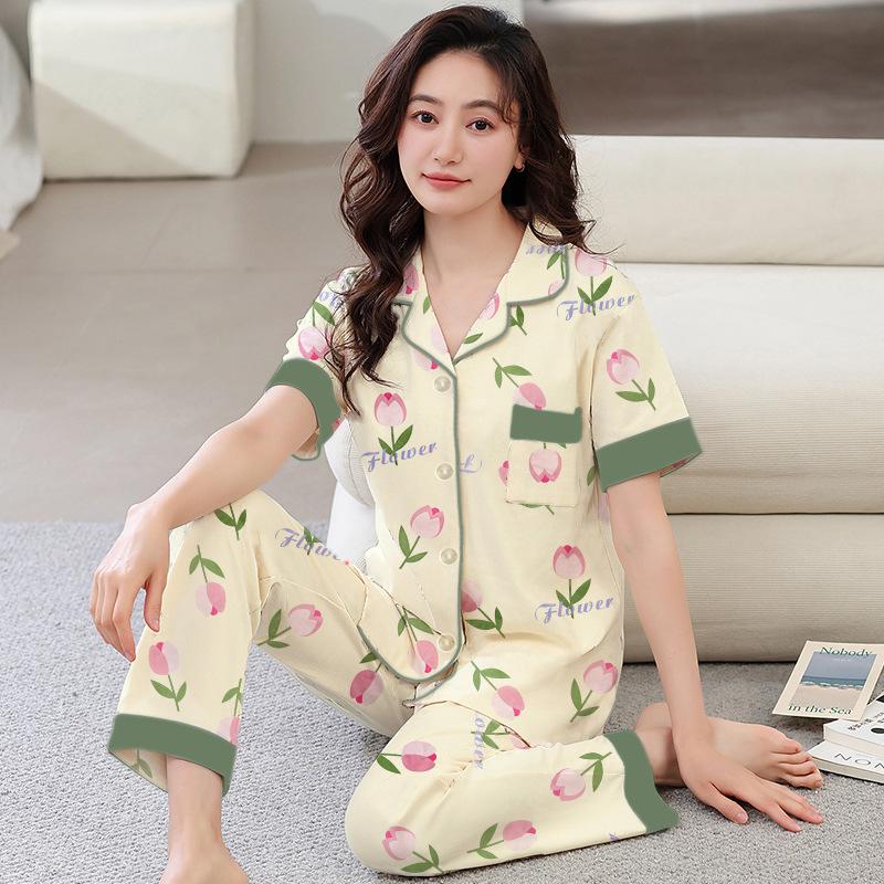 Imitation cotton pajamas women's summer new short-sleeved trousers simple flower mother loungewear large size set