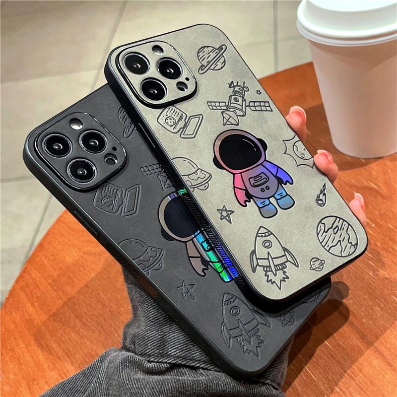 Cartoon Astronaut Handyhülle für iPhone 16 15 14 13 12 11 Pro Max XS X XR 7 8 Plus Retro PU Leder Schutzhülle