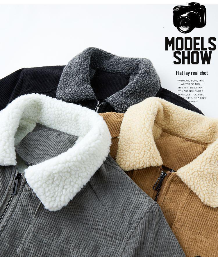 Men's 2025 Korean Style Corduroy Cotton Jacket with Lambswool Fleece Lining and Large Pockets