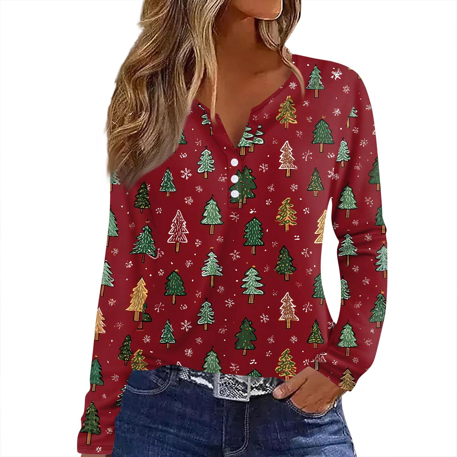 

Женская футболка с рождественским принтом на пуговицах с длинным рукавом, повседневная, выходного дня, модная, базовая, с V-образным вырезом, обычная XL