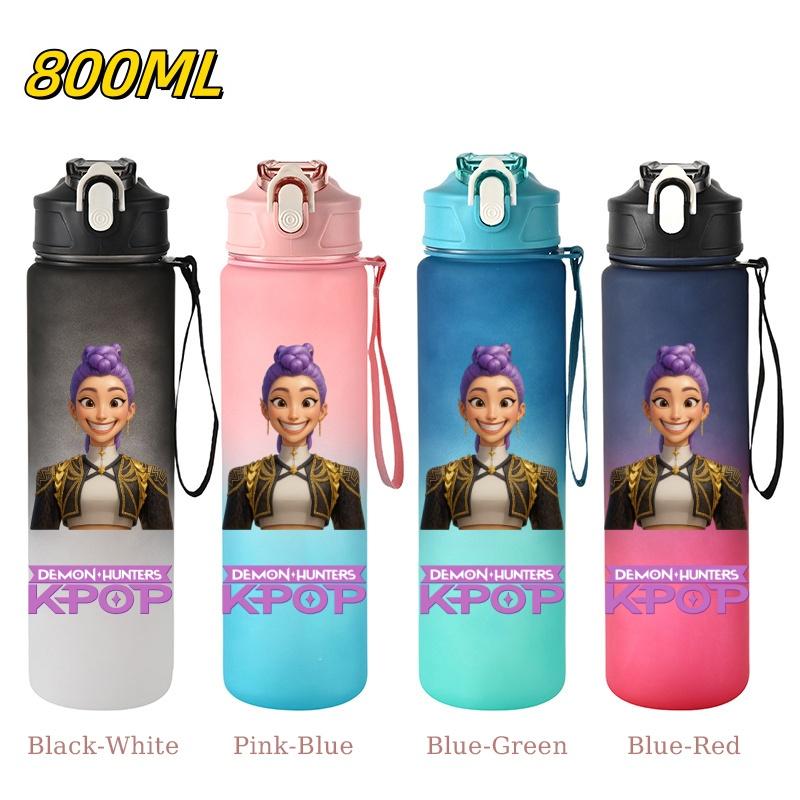 800ML KPop Demon Hunters Gradient Cartoon Print Large Capacity Straw Water Cup Outdoor Portable Sports Drink Bottles Travel Mug