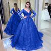 Blue Wedding Dress Autumn and Winter New Long-sleeved Bead Sequined Big Swing Dress Sexy V-neck Banquet Dress New
