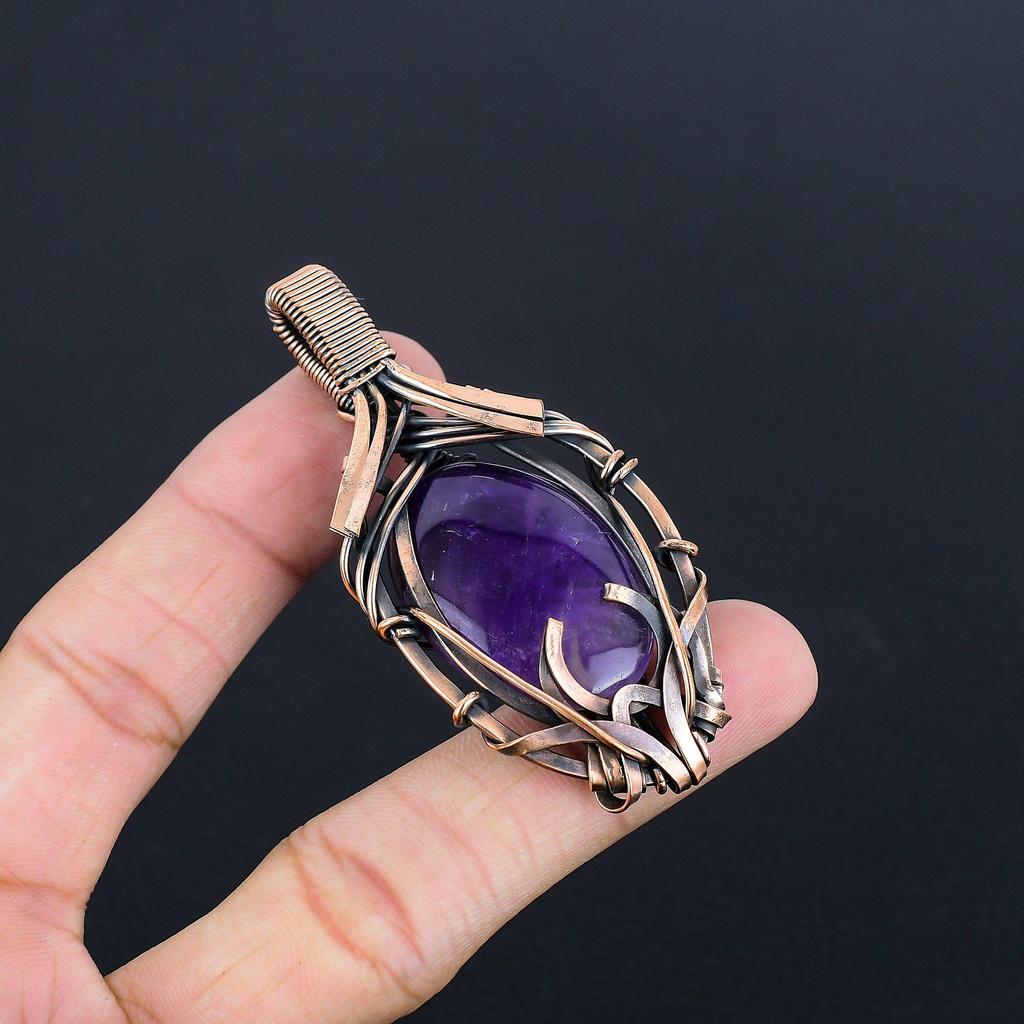 Amethyst Pendant Gemstone Jewelry,  999 Copper Wire Wrapped Pendant, Gift For Women Handmade Pendant