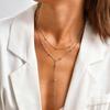 Double Layer Y-shaped Long Chain Drop Pendant Necklace, Gold Plated Stainless Steel Beaded Chain Choker Fashion Jewelry Gifts