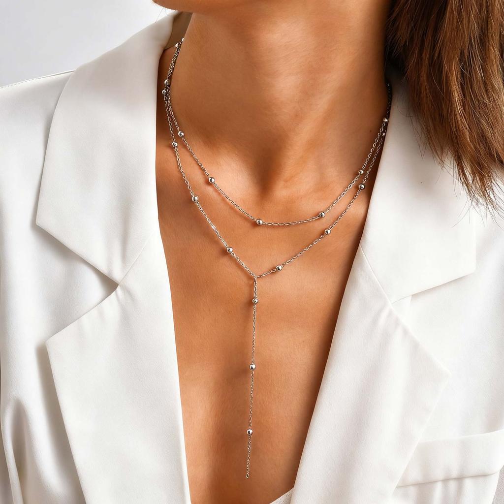 Double Layer Y-shaped Long Chain Drop Pendant Necklace, Gold Plated Stainless Steel Beaded Chain Choker Fashion Jewelry Gifts