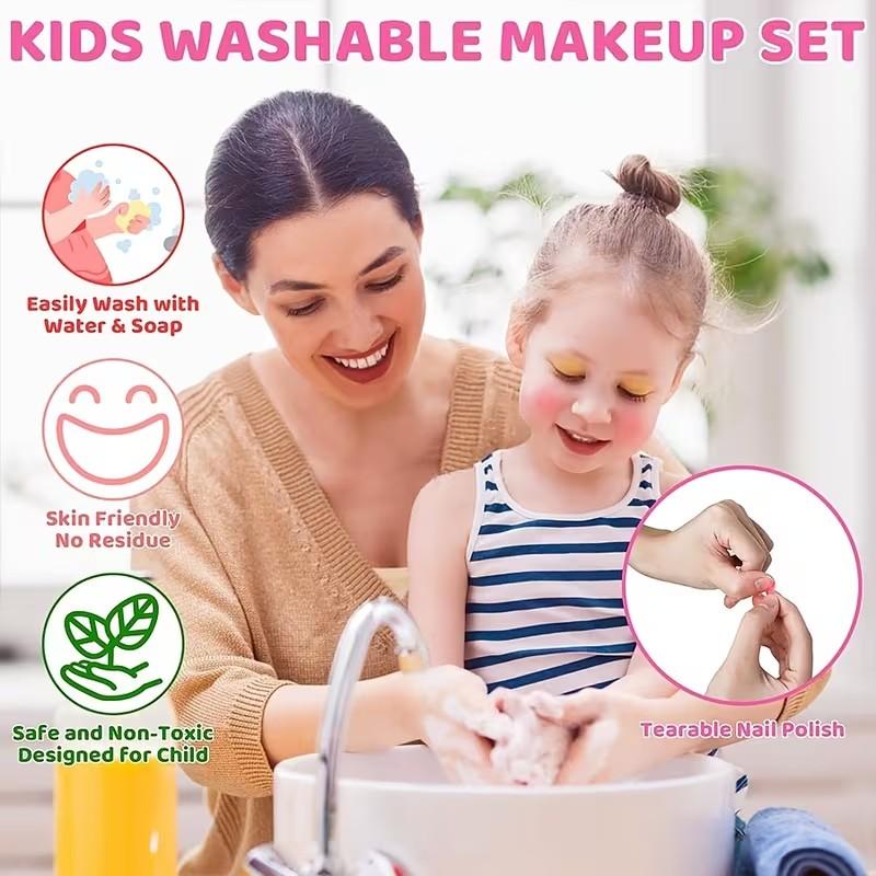1set Colorful Girls' Pretend Makeup Toy Set - Pink and White Plastic Makeup Case with Mirror, Brushes, and Accessories.