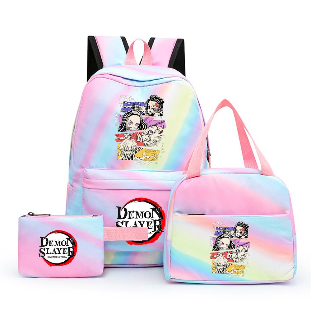 3Pcs/set Cartoon Demon Slayer Printed Backpack with Lunch Bag Pencil Case for Teenager Girl Boy Large Capacity Waterproof Bookbag Gift Mochila