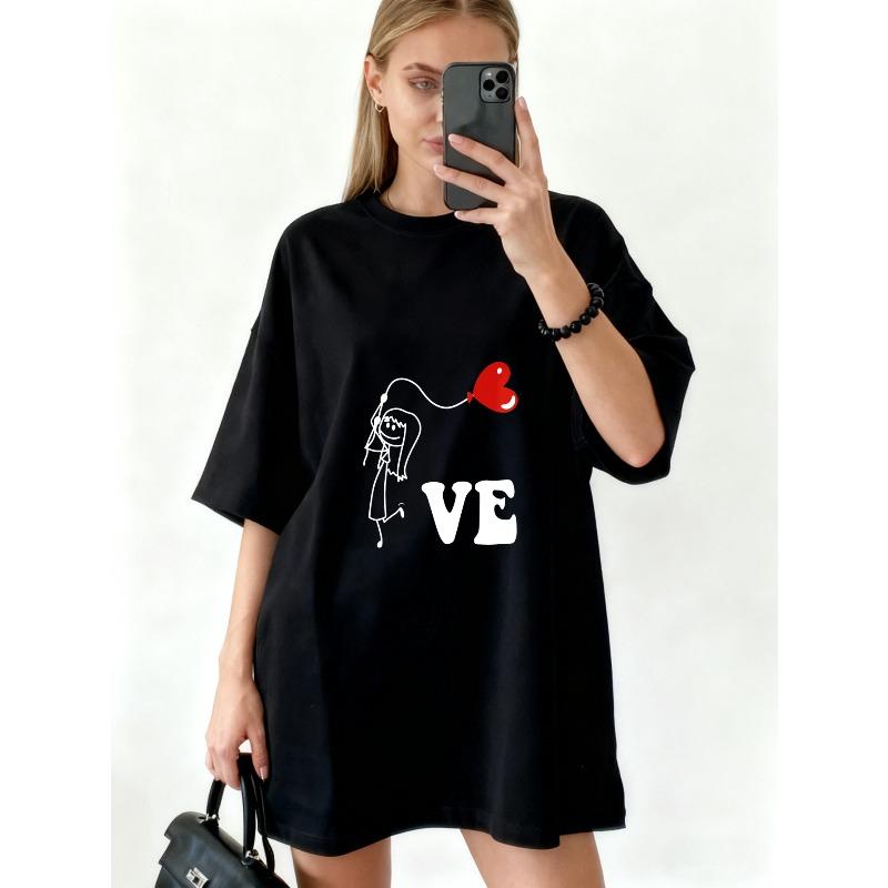 Oversized T Shirt Black Love Cartoon Character With Heart Balloon Print Casual Wear For Women