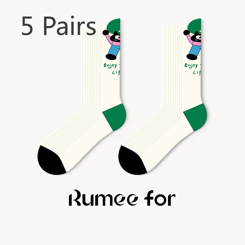 5 Pairs of Female Spring and Autumn New Student Cartoon Boneless Stripe Deodorant Wicker Socks