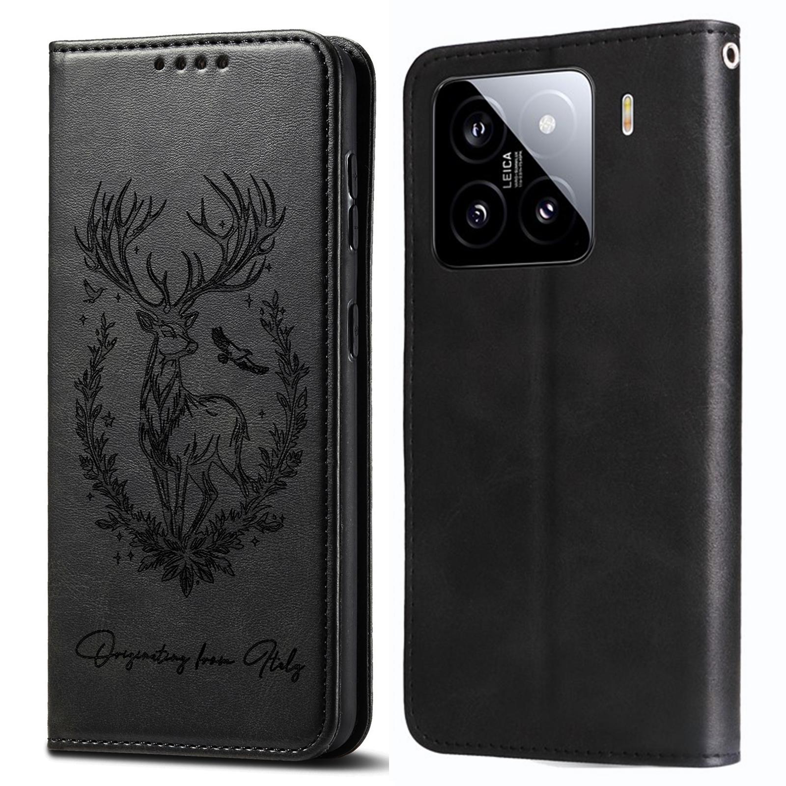 

For Xiaomi 15 Stand Case Lucky Deer Imprinted Magnetic Closure Leather Wallet Phone Cover Black
