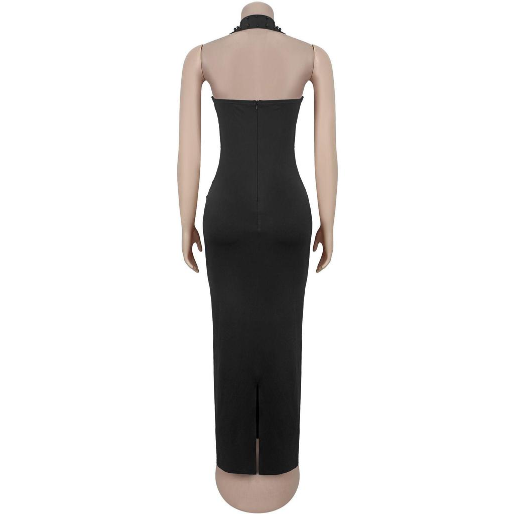 C7480 Fashion Women's Halter Rhinestone Beaded Bodycon Dress - Europe & America Style