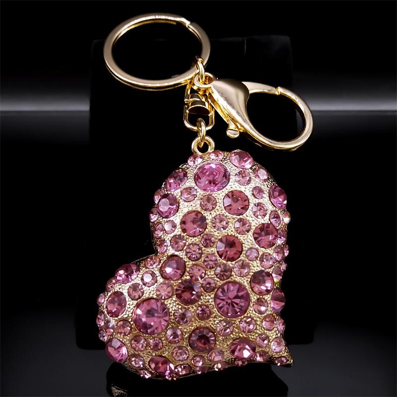 Pink Crystal Sparkling Heart Key Chain for Women Exquisite Sweet Alloy Rhinestone Keyring Car Bag Accessories Jewelry K9233S05