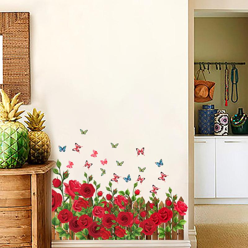 Romantic Red Roses and Butterflies Wall Stickers with Green Plants for Bedroom Entrance Hallway Home Decor