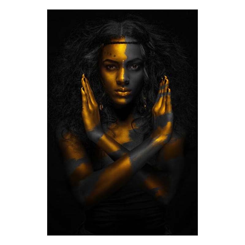 

Африканская женщина, черный и золотой портрет, холст, картины, печать плакатов, настенная художественная картина, домашний декор для гостиной, без рамки 20x30cm