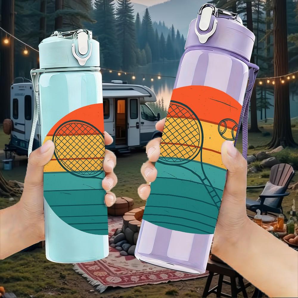 1PC Tennis Racket Sunset Circle 750ml Color Plastic Sports Water Bottle Leakproof Flip Straw Lid Suitable for Sports Office Home Use
