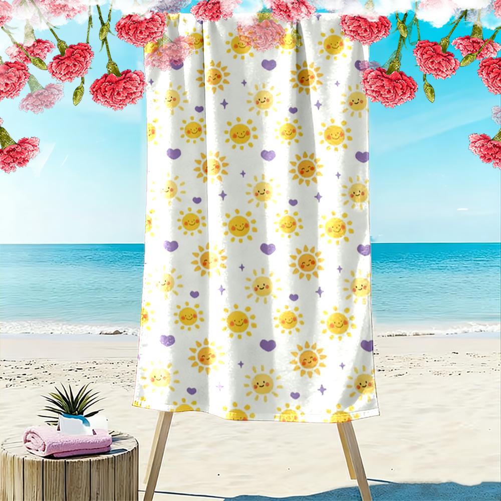 Cute Smiling Sun and Purple Hearts Pattern Beach towel quick-drying for travel outdoor sports jogging beach and swimming