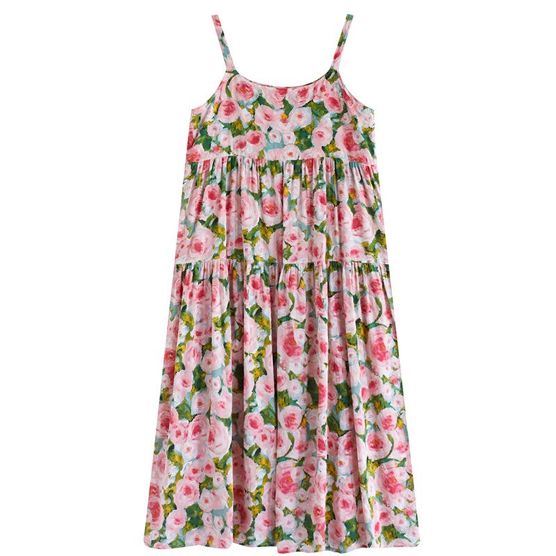 2025 Summer Cotton Linen Printed Patchwork Loose Long Suspender Dress with Slimming Large Hem